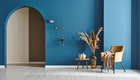 Interior of modern living room with blue walls, wooden floor and armchairの素材