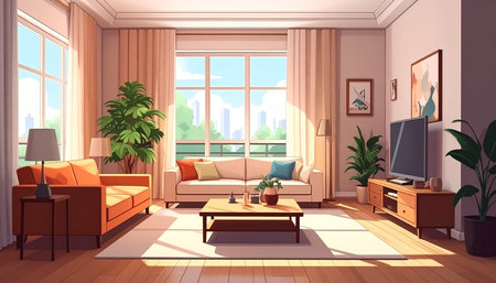 Living room interior with sofa, tv and plants. Vector illustration.の素材