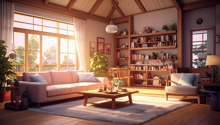Interior of the living room with a sofa and bookshelf. 3d renderの素材