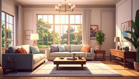 Interior of living room with sofa and coffee table. 3D illustrationの素材