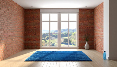 Empty room with red brick wall and blue carpet - 3d renderingの素材
