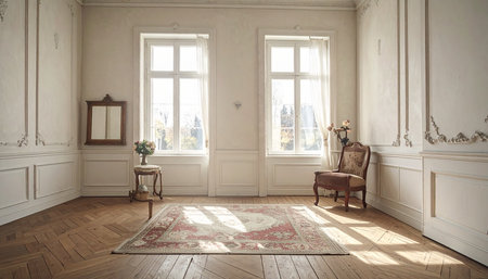 Luxury classic interior of room with white walls and wooden floorの素材