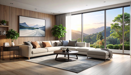 Modern bright interiors 3D rendering illustration computer generated image. Living roomの素材