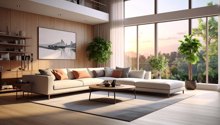 modern bright interiors apartment Living room 3D rendering illustration computer generated imageの素材