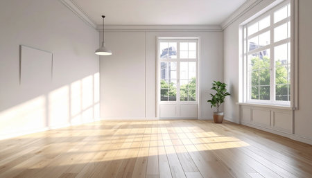 Empty room with white walls, wooden floor and window. 3d renderingの素材