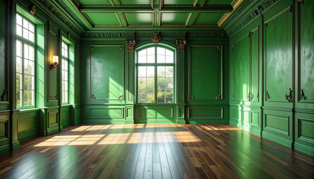 Classic green interior with wooden floor and window. 3D Renderingの素材