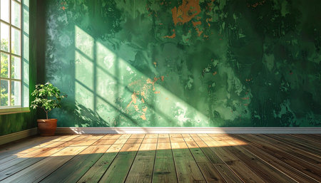 Empty room with green wall and wooden floor. 3D rendering.の素材