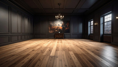 3D rendering of a dark room with a wooden floor and a fireplaceの素材