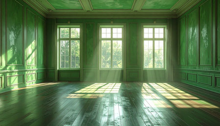 3D render of an empty room with green walls and wooden floorの素材