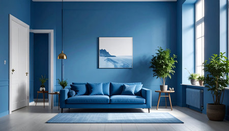 Blue living room with blue sofa and blue wall - 3d renderingの素材
