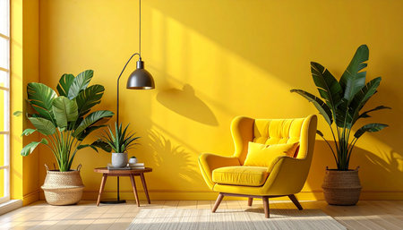 Yellow living room with yellow armchair and plant. 3d renderingの素材