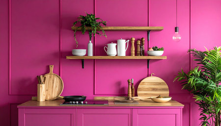 Interior of modern kitchen with pink wall and wooden shelf, 3d renderの素材