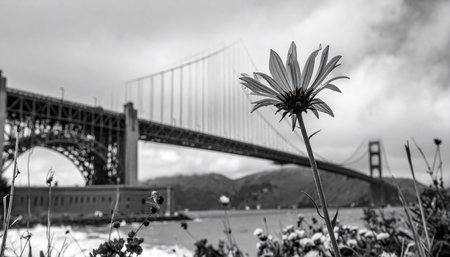 Black and white shot of the Golden Gate Bridge in San Francisco.の素材