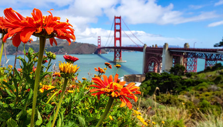 Golden Gate Bridge and flowers in San Francisco, California, USA.の素材
