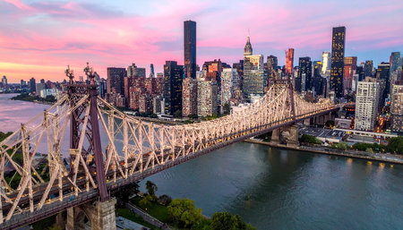 Manhattan Bridge and Manhattan skyline at sunset, New York City, USAの素材