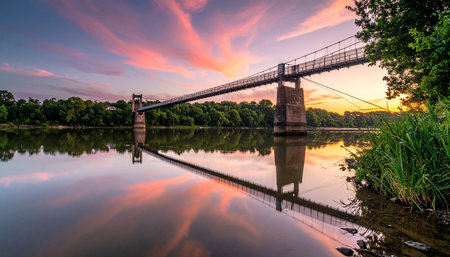 Suspension bridge over the river at sunset, York, Englandの素材