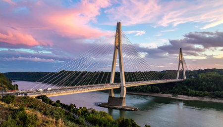 Cable-stayed bridge over the Rhine at sunset, Germanyの素材