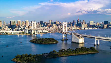 Aerial view of the Manhattan skyline and Brooklyn Bridge in New York City.の素材