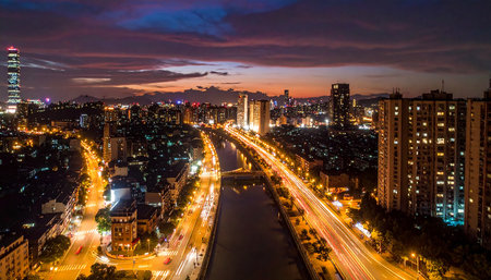 Aerial view of the city of Seoul, South Korea at nightの素材