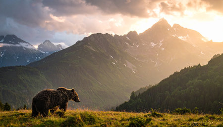 Brown bear on the background of the mountains. Sunset in the mountainsの素材