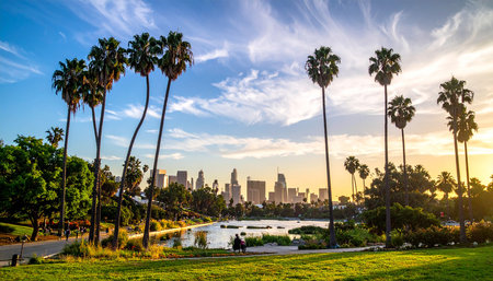 Palm trees and city skyline at sunset in Los Angeles, Californiaの素材