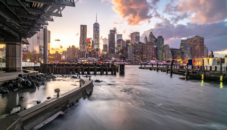 New York City Manhattan skyline panorama over Hudson River at sunset.の素材