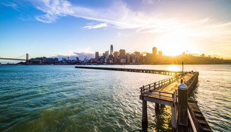 San Francisco city skyline at sunset, California, United States of Americaの素材