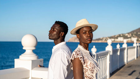 Young african american man and woman in white clothes and hat standing on the promenade.の素材