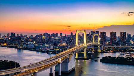 Tokyo, Japan cityscape with Rainbow Bridge and Tokyo Skyline at duskの素材