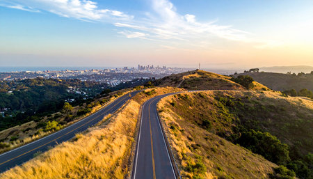 Aerial view of Los Angeles skyline at sunset, California, USA.の素材