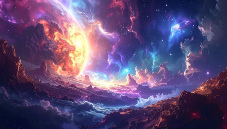 Fantasy space background with planet and nebula. 3d renderingの素材