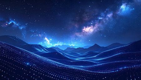 Abstract background with mountains, starry sky and stars. Vector illustration.の素材