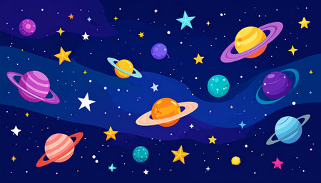 Cartoon space background with planets, stars and comets. Vector illustrationの素材