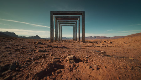 3d render of a gate in the middle of the desert.の素材