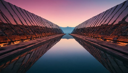 Sunset over the dam with reflection in the water. Concept of renewable energyの素材