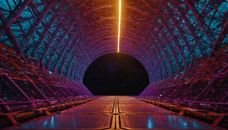 3D rendering of a futuristic corridor in space with stars and planetsの素材