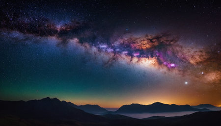 Milky Way over mountain range with stars and clouds in the skyの素材