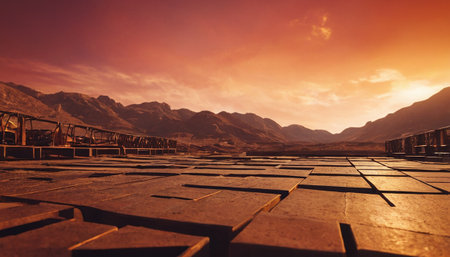 3d render of a bridge over the river in the desert at sunsetの素材