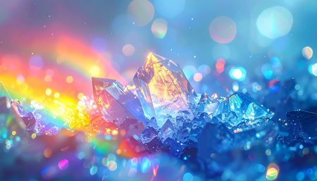 crystal crystals on colorful bokeh background. 3d illustrationの素材