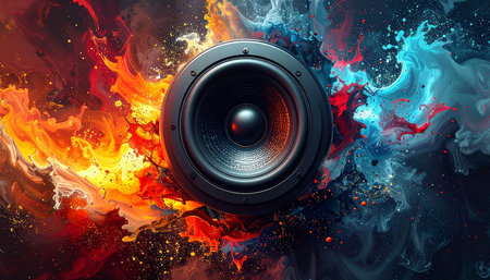 Music speaker on abstract fire background. 3D illustration. Elements of this image furnished by NASAの素材