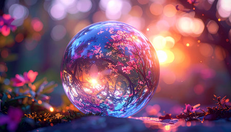 Beautiful magic christmas ball with bokeh background. 3D renderingの素材