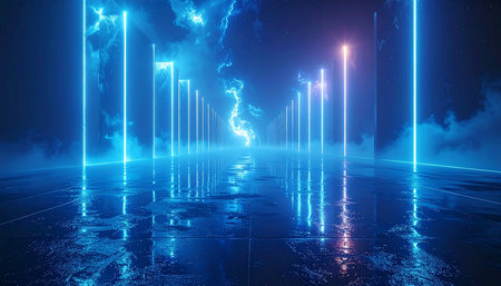 Futuristic neon background. Glowing lines and lightning. 3d renderingの素材