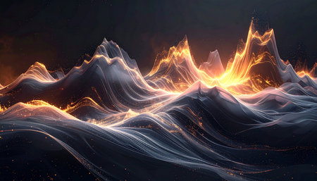 Abstract 3d illustration of a mountain landscape with glowing particles and linesの素材