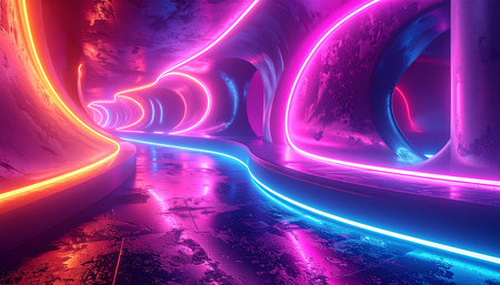 3d abstract background with neon lights and tunnel. 3d illustrationの素材