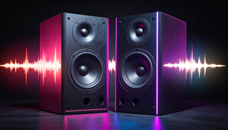 Audio speakers with glowing sound wave on dark background. 3D Renderingの素材