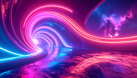 3D abstract background with neon lights and space tunnel. 3d illustrationの素材