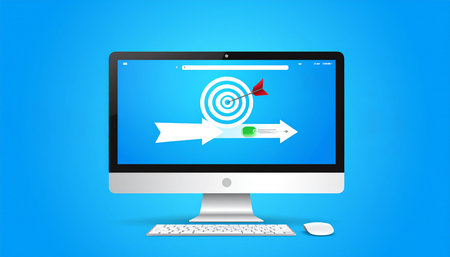 Computer screen with target and arrow on blue background. Vector illustration.の素材