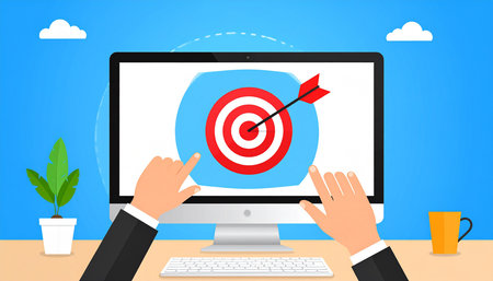 Businessman using a computer to shoot a target. Vector illustration.の素材