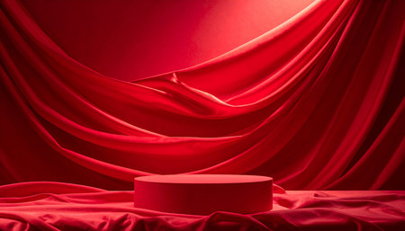 Red silk fabric with podium on red background. 3d render illustrationの素材