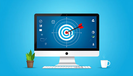 Computer monitor with target and cup of coffee on blue background. Vector illustrationの素材